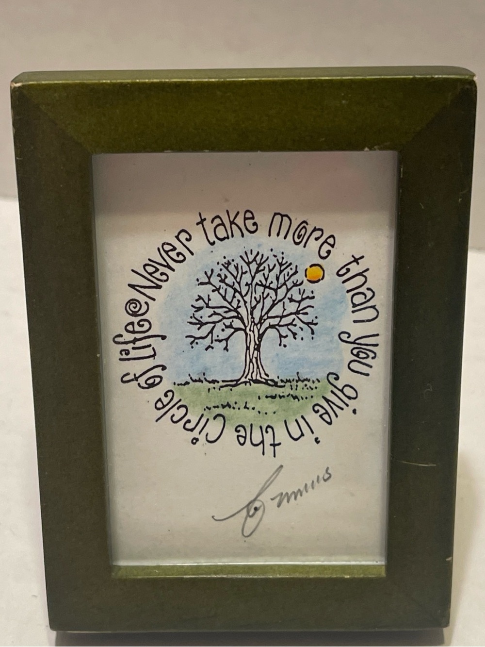 3.5” Tall Mini Olive Green Wood Frame with Inspirational Tree of life Art quote